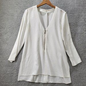 Rachel Womens Tunic Top Blouse White S Poly Blend V-Neck Zipper Hi Low Vent Back